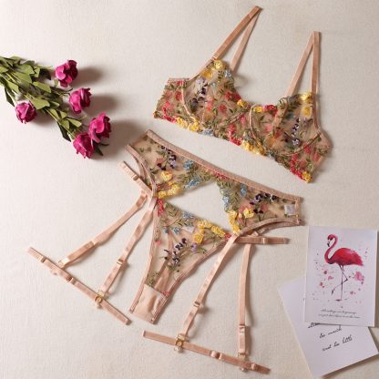 Floral Lace Mesh Lingerie Set with Garter Belt and Straps - Image 6