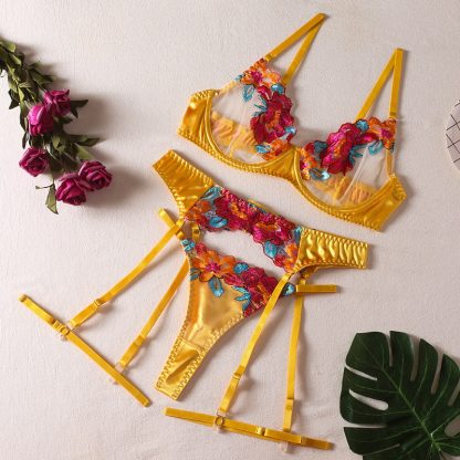 Floral Embroidered Lingerie Set with Garter Straps - Image 7