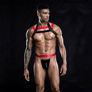 Men's Fetish Harness with Red and Black Straps and Ring Detail