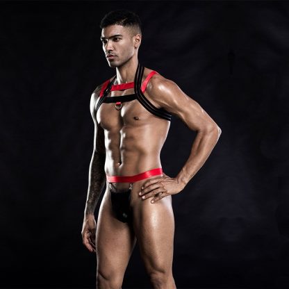 Men's Fetish Harness with Red and Black Straps and Ring Detail - Image 3