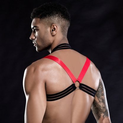 Men's Fetish Harness with Red and Black Straps and Ring Detail - Image 5