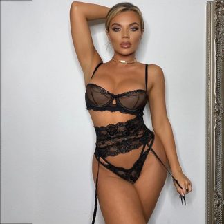 Lace Lingerie Set - Sheer Bra & Garter Belt with Thong for Women