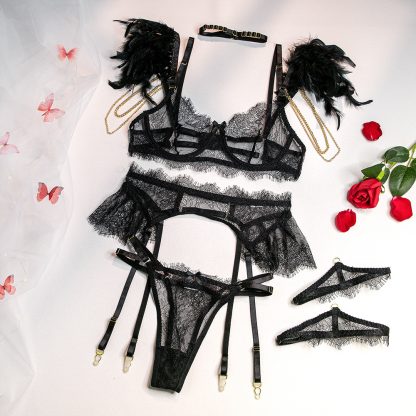 Lace Lingerie Set with Feathered Sleeves and Garter Belt - Image 2