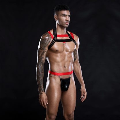 Men's Fetish Harness with Red and Black Straps and Ring Detail - Image 2