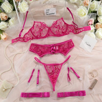Floral Lace Lingerie Set with Garter Belt and Sexy Chain Details - Image 7