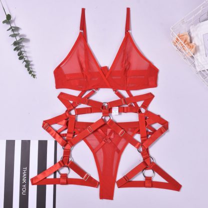 Strappy Lingerie Set with Ring Detail and Garter Straps - Image 2