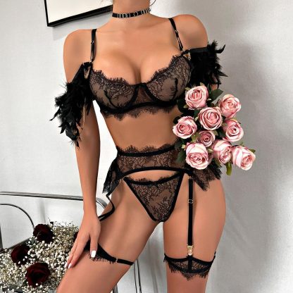 Lace Lingerie Set with Feathered Sleeves and Garter Belt - Image 9