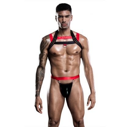Men's Fetish Harness with Red and Black Straps and Ring Detail - Image 4