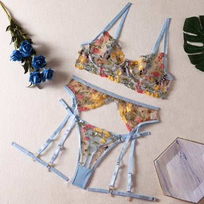 Floral Lace Mesh Lingerie Set with Garter Belt and Straps - Image 8