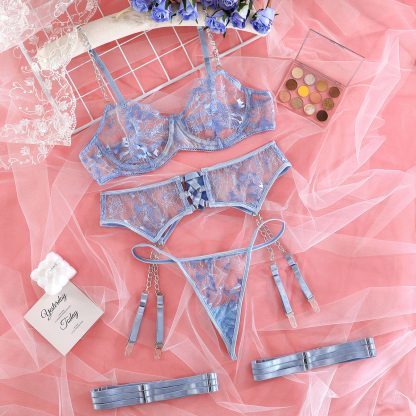 Floral Lace Lingerie Set with Garter Belt and Sexy Chain Details - Image 9