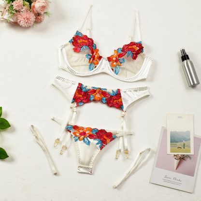 Floral Embroidered Lingerie Set with Garter Straps - Image 2