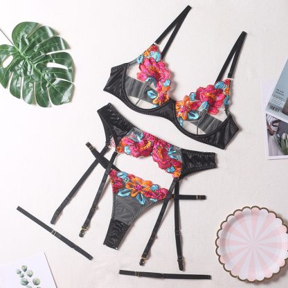 Floral Embroidered Lingerie Set with Garter Straps - Image 5