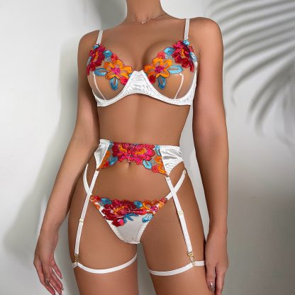 Floral Embroidered Lingerie Set with Garter Straps
