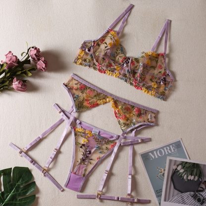 Floral Lace Mesh Lingerie Set with Garter Belt and Straps - Image 7