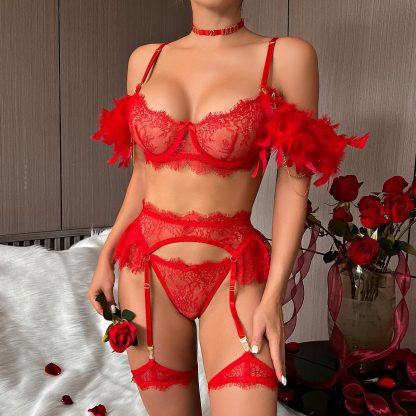 Lace Lingerie Set with Feathered Sleeves and Garter Belt