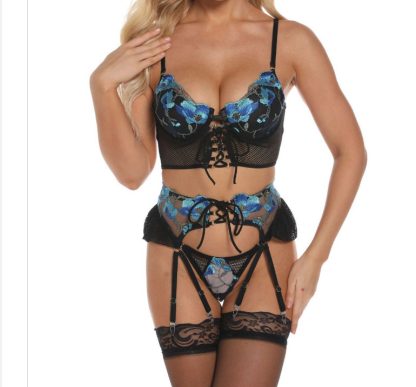 Floral Lace Lingerie Set with Garter Belt and Fishnet Detail - Image 5