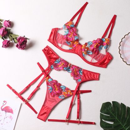 Floral Embroidered Lingerie Set with Garter Straps - Image 3
