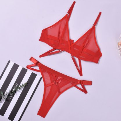 Strappy Lingerie Set with Ring Detail and Garter Straps - Image 3