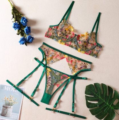 Floral Lace Mesh Lingerie Set with Garter Belt and Straps - Image 10