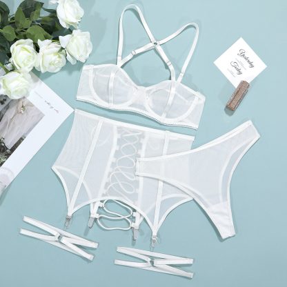 Mesh Lingerie Set with Cross Straps and Garter Belt - Image 3