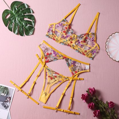Floral Lace Mesh Lingerie Set with Garter Belt and Straps - Image 3
