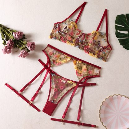 Floral Lace Mesh Lingerie Set with Garter Belt and Straps - Image 9