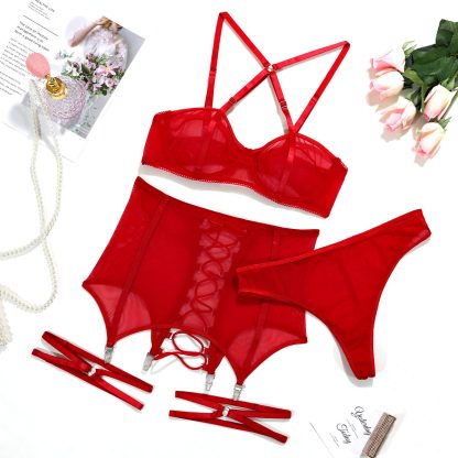 Mesh Lingerie Set with Cross Straps and Garter Belt - Image 4