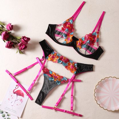 Floral Embroidered Lingerie Set with Garter Straps - Image 9