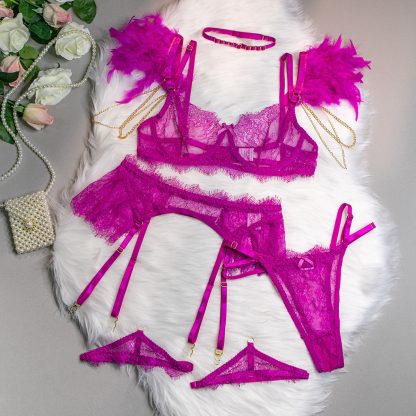 Lace Lingerie Set with Feathered Sleeves and Garter Belt - Image 4