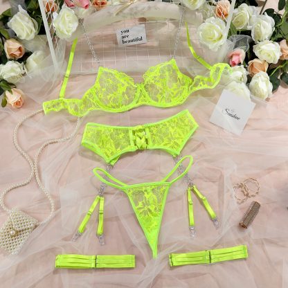 Floral Lace Lingerie Set with Garter Belt and Sexy Chain Details - Image 2