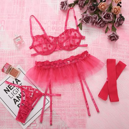 Floral Lace Lingerie Set with Tulle Skirt and Garter Straps - Image 3