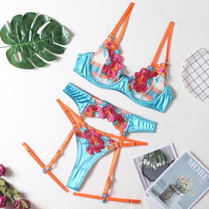 Floral Embroidered Lingerie Set with Garter Straps - Image 4