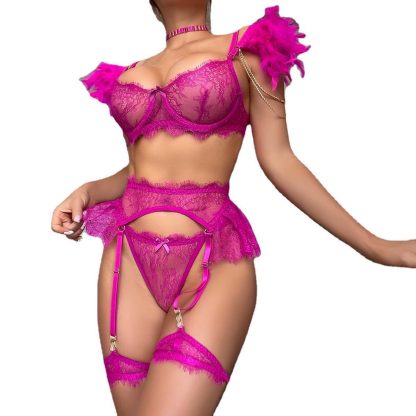 Lace Lingerie Set with Feathered Sleeves and Garter Belt - Image 7