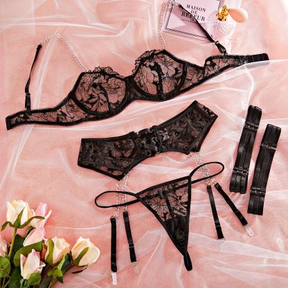 Floral Lace Lingerie Set with Garter Belt and Sexy Chain Details - Image 6